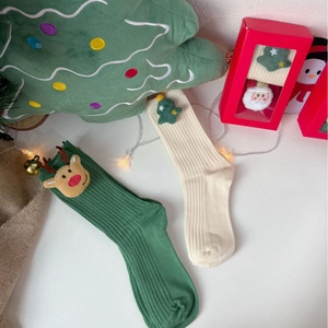 Festive Christmas cotton socks set with 3D reindeer and tree dolls in holiday gift box