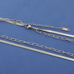 Double-layered silver snake and oval link chain necklace made of durable titanium steel