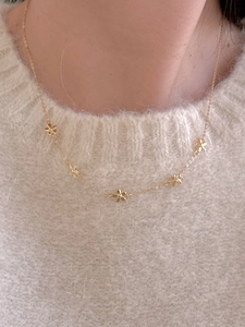 Detail of 925 sterling silver floral necklace on a warm white knitted sweater