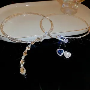 Silver layered zircon choker necklace with elegant long teardrop rhinestone tassel