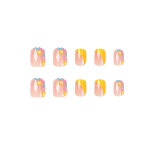 Faux ongles French manucure jaune diagonale avec motifs floraux colorés sur 10 pièces