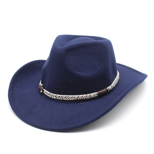 Classic dark blue felt western cowboy hat with decorative woven ethnic style band