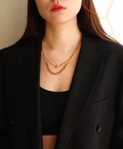 Detail of double-layer gold chain necklace featuring star pendant on model's neck