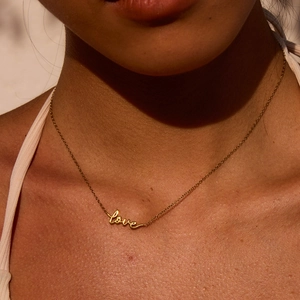 Luxurious 18K gold-plated stainless steel necklace with elegant cursive 'love' pendant