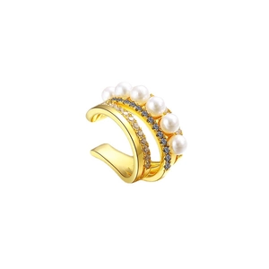 French style 14k gold plated ear cuff with white pearls and blue cubic zirconia accents