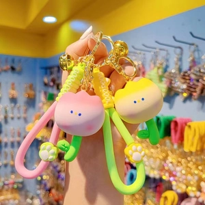 Cute Cartoon Tulip Flower Keychain Resin Soft Glue Gradient Color With Bell Cat Paw Wrist Strap For Bag Car Key Decor