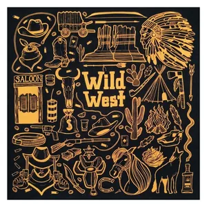 Detail of Wild West bandana showing gold Indian and cowboy prints on black cotton fabric