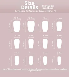 Detailed size guide for short ballerina press-on nails with 12 size options in mm
