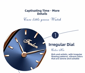 Macro detail of oval blue radial dial with rose gold markers on luxury ladies watch