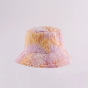 Macro shot of fluffy orange and purple tie-dye plush bucket hat with soft texture