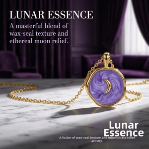 Detailed view of moon phase relief on purple wax-seal pendant with gold chain
