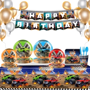 Monster Truck Birthday Party Supplies Off-Road Theme Banner Tableware Tablecloth Napkins Plates Cups Cake Toppers Balloons