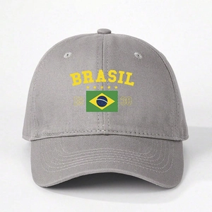 Detailed close-up of the Brazil 1938 print and stitching on this gray baseball cap