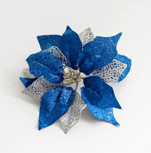 Detail of 27cm blue and silver artificial poinsettia with glitter texture for Xmas decor