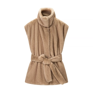 Gilet En Fausse Fourrure Pour Femmes Col Montant Ceinturé Couleur Unie Sans Manches Polyester Décontracté Mode