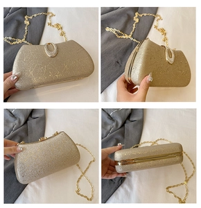Detailed views of gold glitter evening bag with chain strap and rhinestone buckle