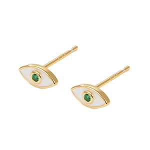 Macro view of S925 sterling silver evil eye stud earrings with green zircon inlay