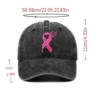 Detailed size chart for pink ribbon embroidered grey washed denim baseball cap