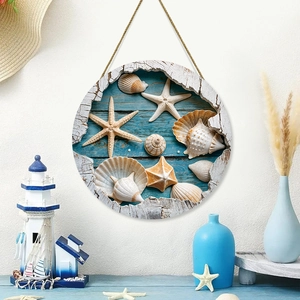 Mediterranean Ocean Theme Round Wood Wall Hanging Decor Starfish Shell Pattern Nautical Coastal Style Plaque For Home Room Ornament