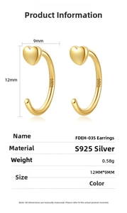 Detailed size specifications for S925 sterling silver heart hoop earrings with dimensions