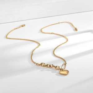 Elegant gold heart pendant necklace for women with a unique mixed link chain design