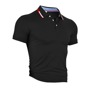Macro detail of breathable mesh fabric and striped collar on this black men's polo shirt