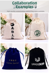 Custom drawstring gift bags in linen and velvet fabrics for jewelry and Halloween treats