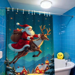 Festive Christmas shower curtain with Santa Claus riding reindeer over snowy village scene
