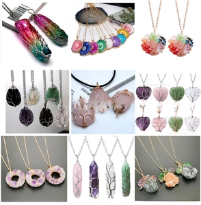 Collage of tree of life wire wrapped pendants with assorted natural stone crystals