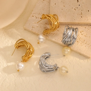 Stainless Steel C-Shaped Earrings Irregular Multi-Layer Winding Metal Wire With Faux Artificial Pearl Fashion Trendy Jewelry For Women