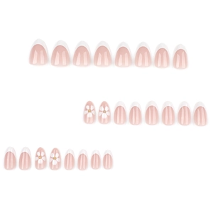 Unghie finte a mandorla french con punte bianche e decori floreali, set da 24