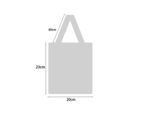 Size chart showing 60cm handles and 23cm by 20cm dimensions for gray knit tote bag
