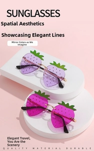 Detail of strawberry shaped sunglasses with green leaf accents on white display stands