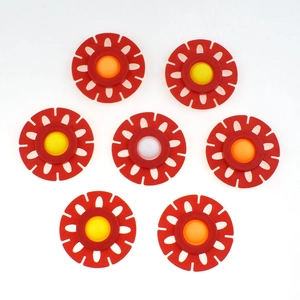 Detailed set of 7 red hummingbird feeder replacement flowers with yellow centers