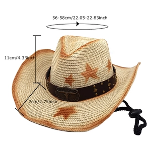 Western straw cowboy hat with bull head buckle and star prints, dimensions 56-58cm