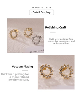 Détails de boucles d'oreilles rondes plaquées or avec pavé de zircons étincelants