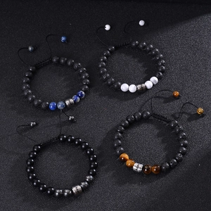 Custom engraved stainless steel beaded bracelets with natural stones and adjustable braided rope