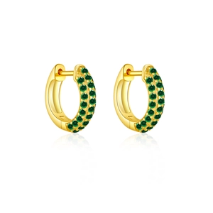 Detail showing double-row green zircon pavé setting on gold-plated silver hoop earrings