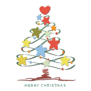 Hand-drawn Christmas tree window static sticker with colorful stars and heart topper