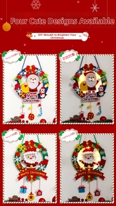 DIY Christmas wreath kit for kids with LED lights, Santa and penguin felt decorations