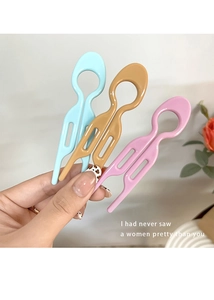 Three U-shaped hair clips in blue, khaki, and pink colors for elegant hair styling