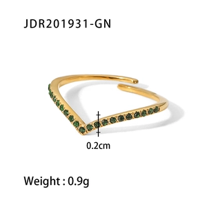 French style 18K gold plated stainless steel V-shaped ring with green zircon stones