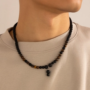 Men's hip hop necklace with black volcanic rock and brown tiger eye stone beads