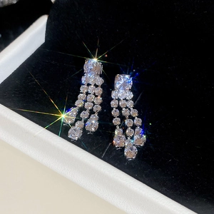 Sparkling silver square tassel earrings with cubic zirconia in a premium velvet gift box