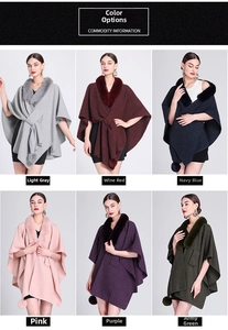 Detail view showing a variety of faux fur collar knit ponchos in six vibrant colors
