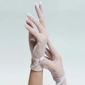 White elastic mesh fishnet bridal gloves with soft hollow out design for party dancing