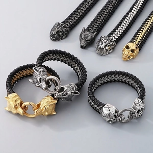 Herren Armband Titanstahl Geflochtenes Leder Doppelwolfskopf Löwe Schädel Punk Rock Biker Schmuck Gotisches Accessoire