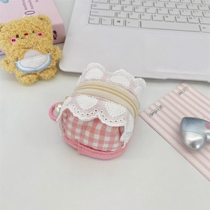Pink checkered cloth earphone case with lace trim and pearl keychain decoration