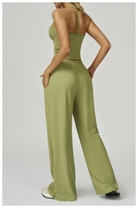 Detail view of avocado green wide leg lounge pants with elastic drawstring waist for women