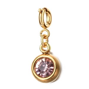 Detailed close-up of 6mm pink birthstone pendant with golden stainless steel clasp